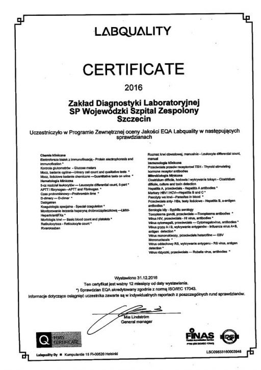 Certyfikat dla laboratorium 